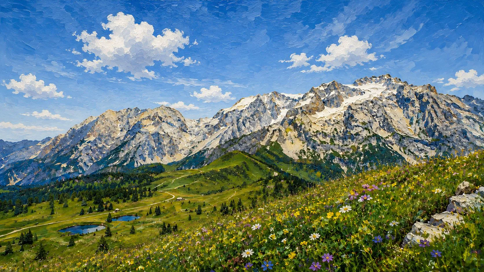 Gemaltes Frühlingspanorama von Schladming mit grünen Wiesen und Bergen