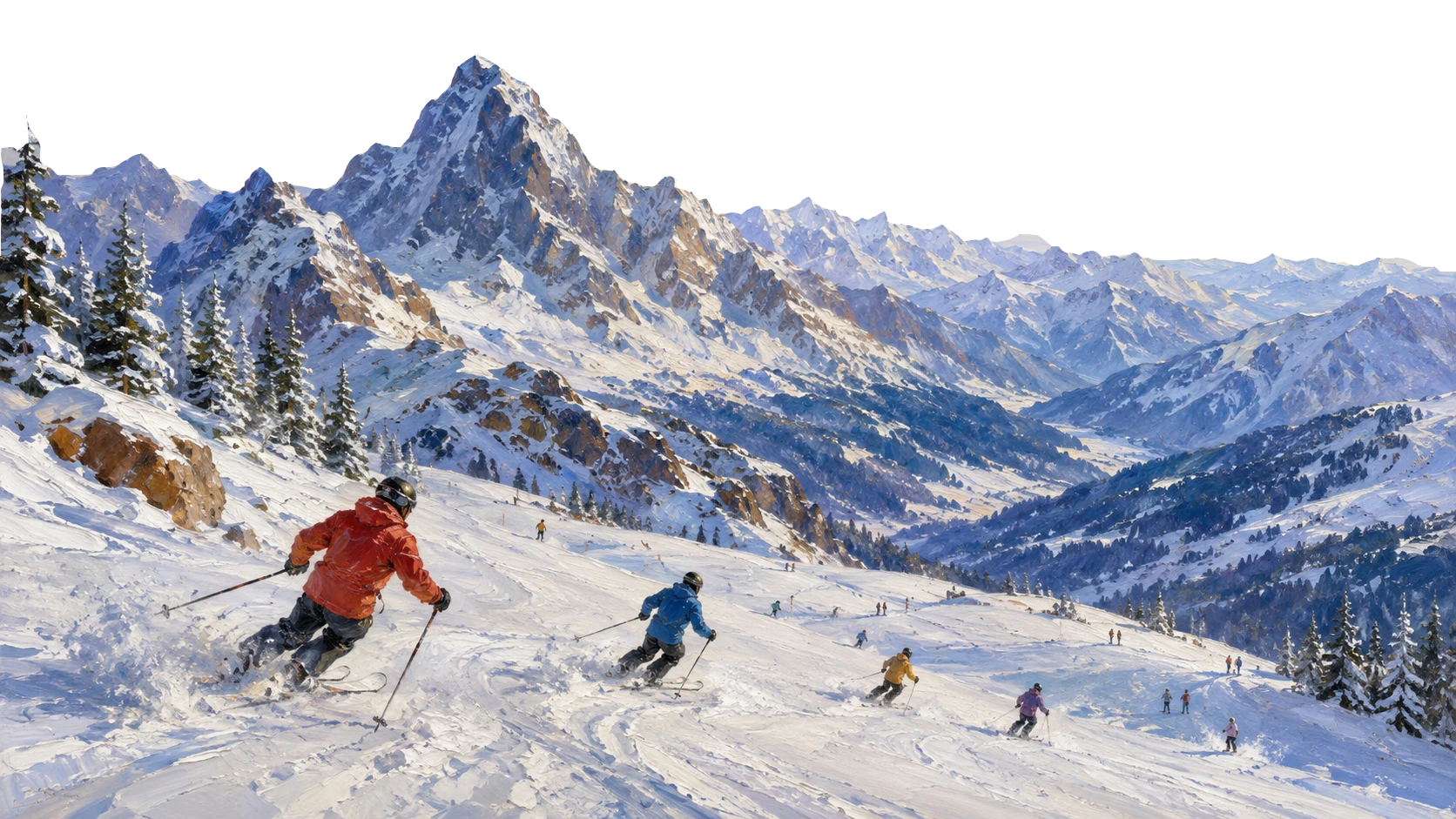 Gemalte Winterszene mit Skifahrern in Schladming