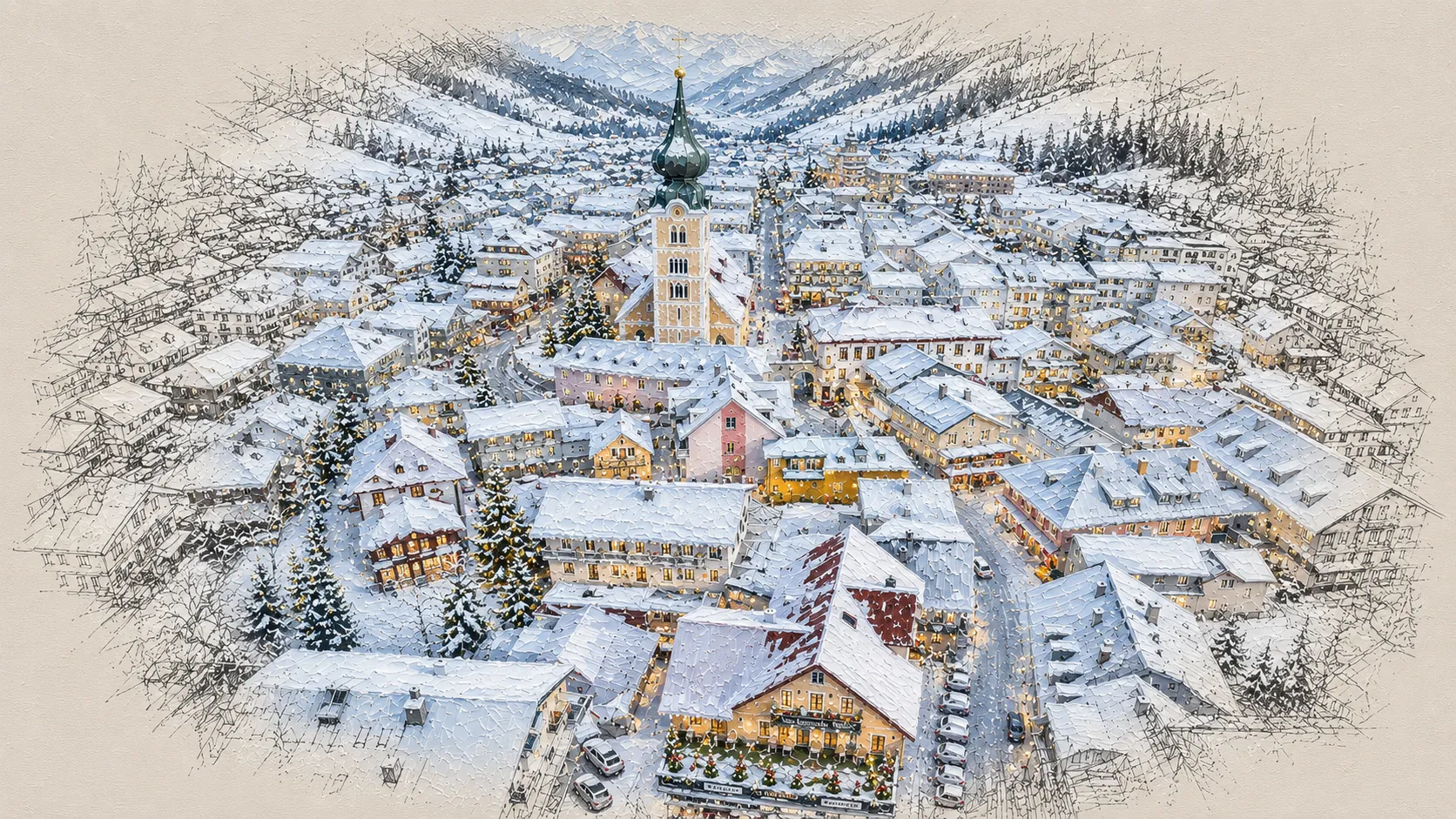 Gemälde: das winterliche Schladming aus der Vogelperspektive mit Kirchturm und Bergen