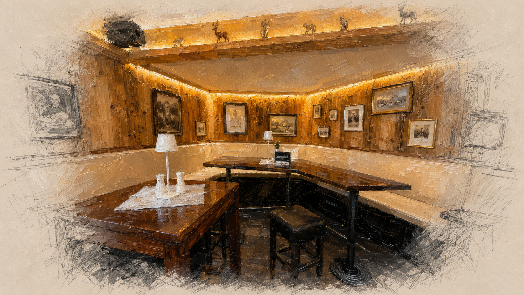Die gemütliche Stammtisch-Ecke der Bar mit Holzvertäfelung und warmem Licht