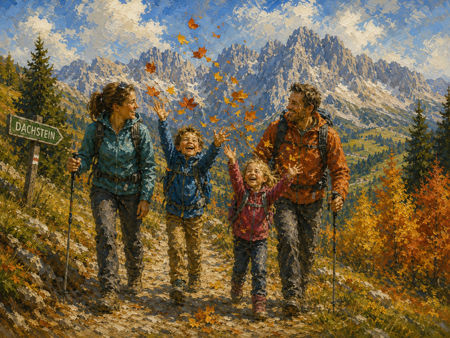 Der winter.garten in Schladming im Herbst, gemalte Ansicht mit goldenen Lärchen